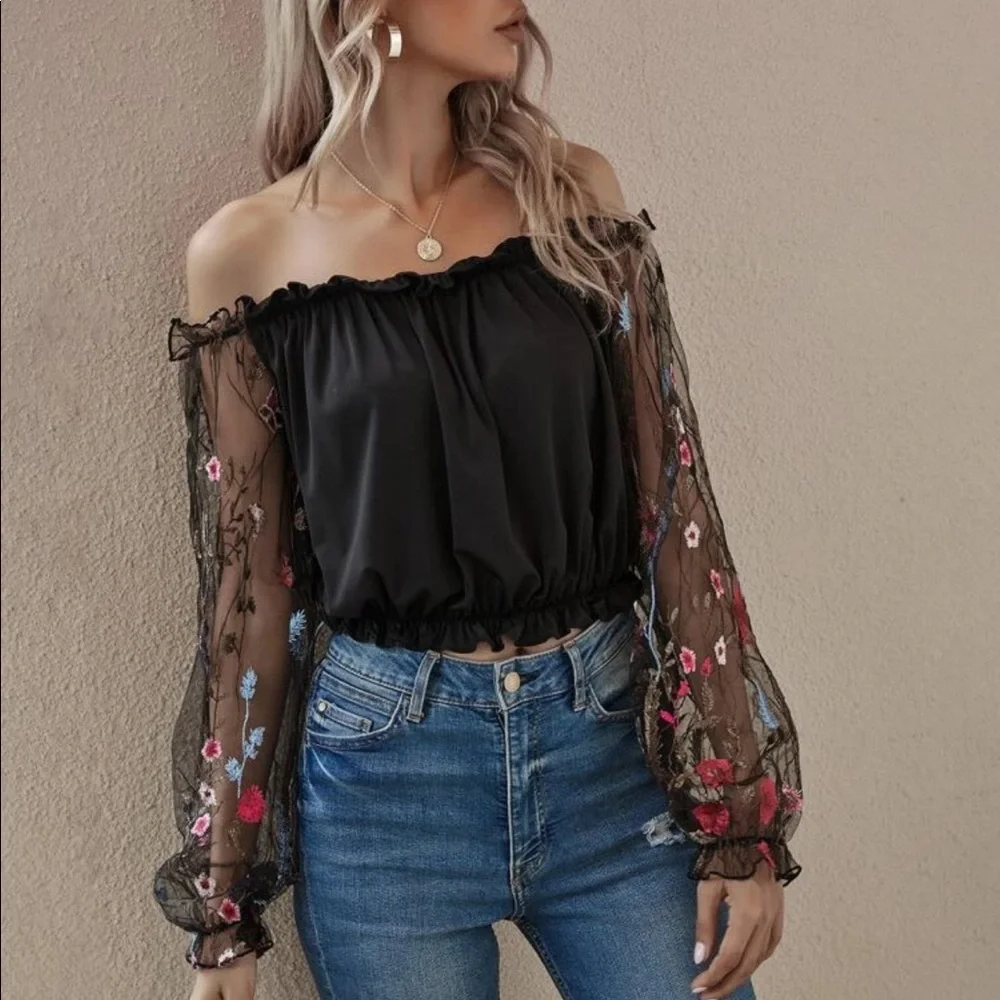 Boho floral mesh embroidered sleeve off shoulder blouse - Picture 1 of 8